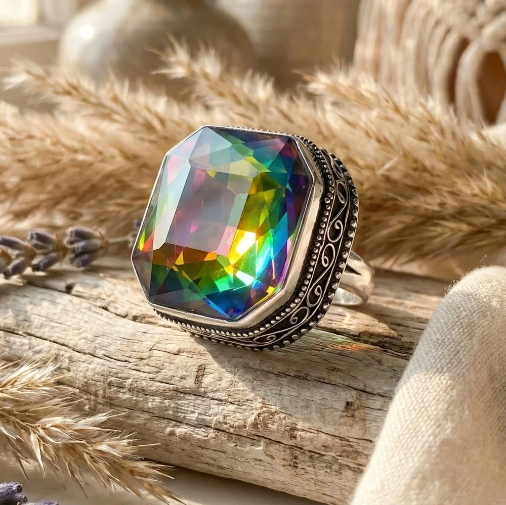 925 Sterling Silver Rainbow Crystal Statement Ring Size 10 Dark Romance Mob Wife